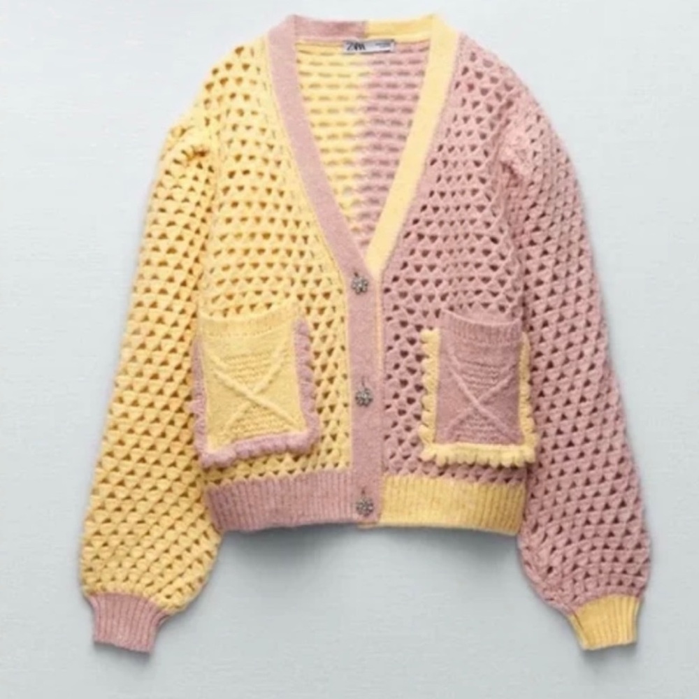 Zara Pastel Yellow and Pink Crochet Cardigan - Picture 4 of 16